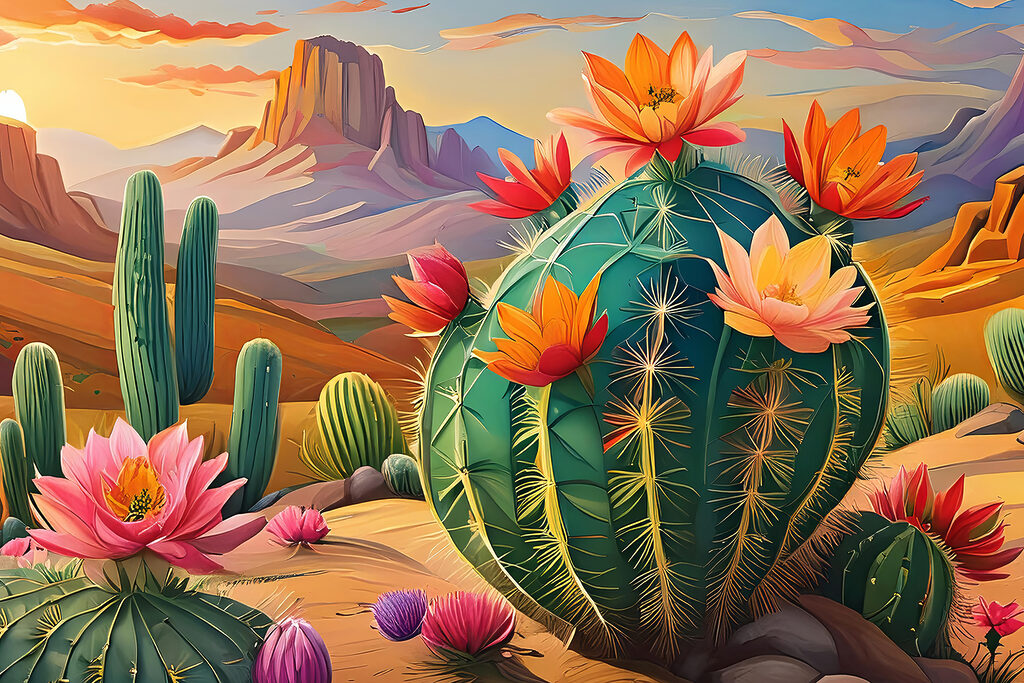 Bloeiende cactussen in woestijn — volledig ontwerp