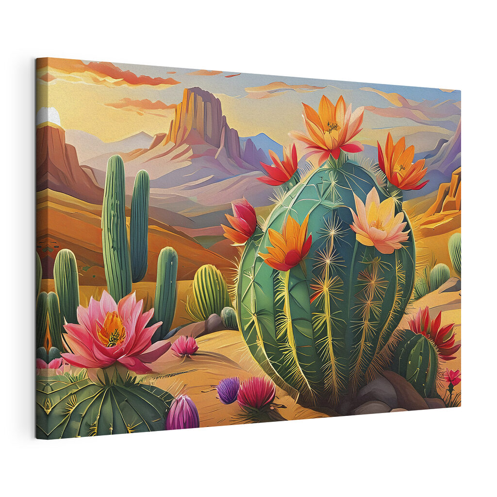 Bloeiende cactussen in woestijn, gespannen canvas met doorlopende rand
