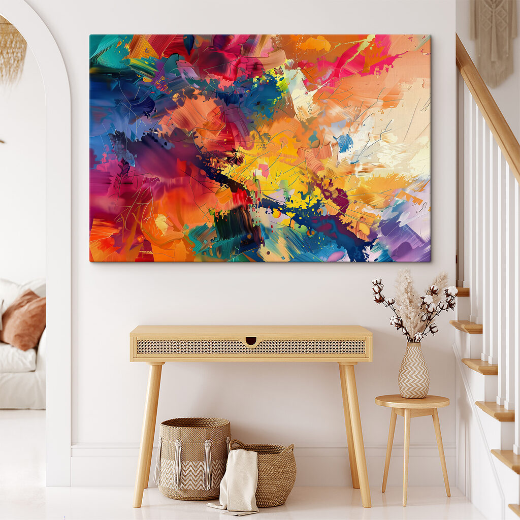 Een kleurrijk schilderij van verschillende kleuren in een interieur