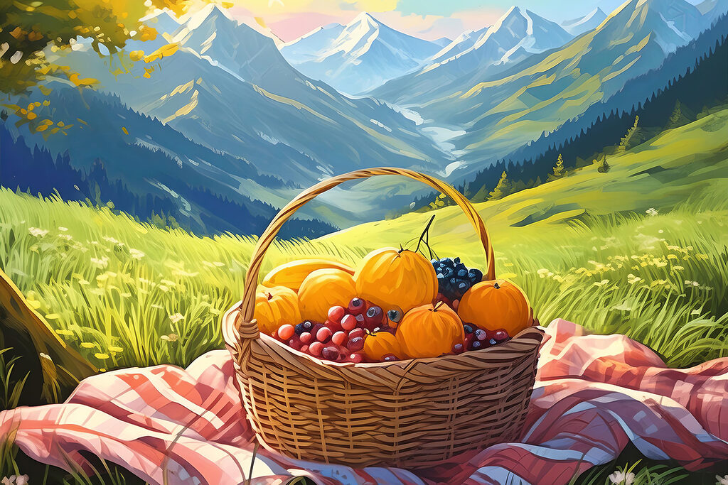 Picknick boven het bergdal — volledig ontwerp