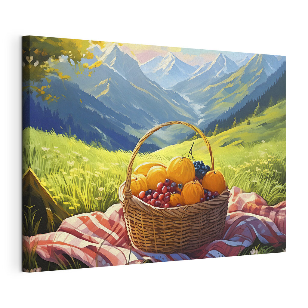 Picknick boven het bergdal, gespannen canvas met doorlopende rand