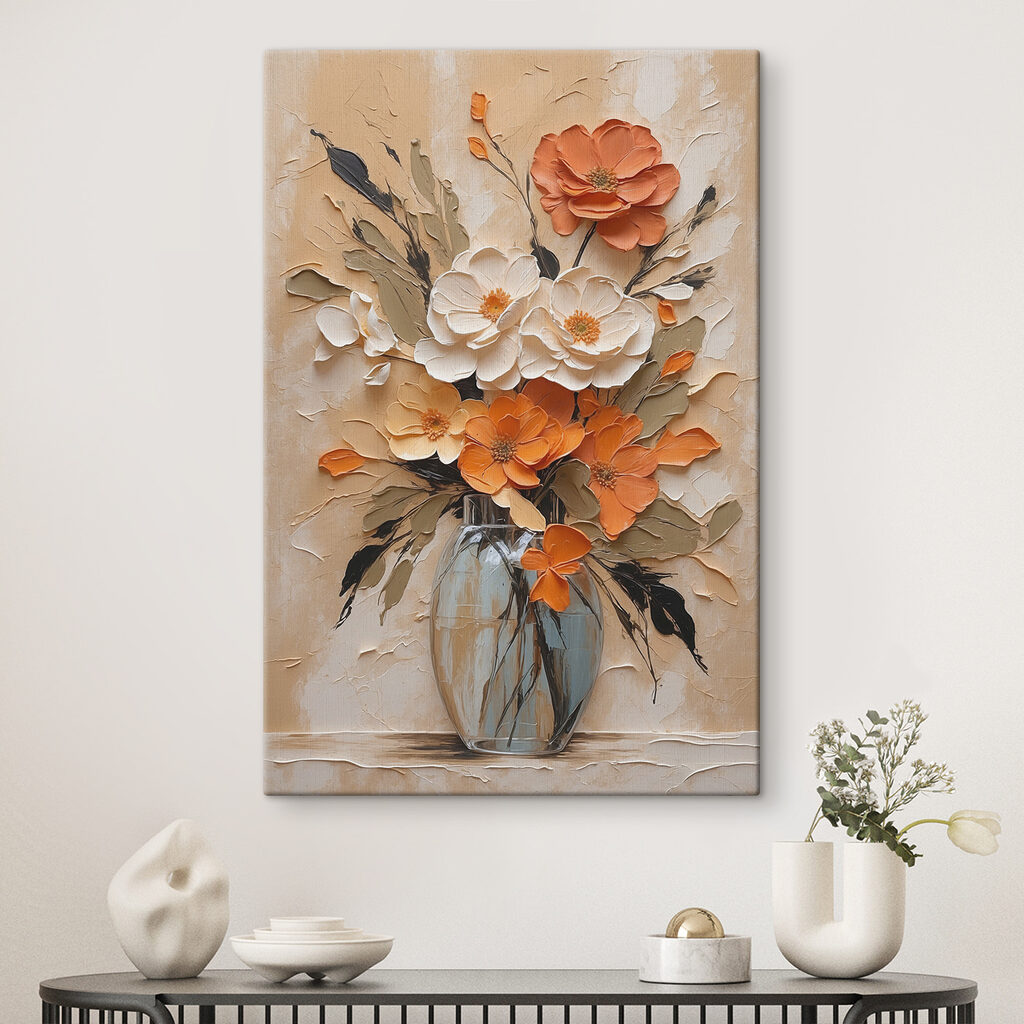 Perzikbloemen boven geribbeld glas — interieur 2