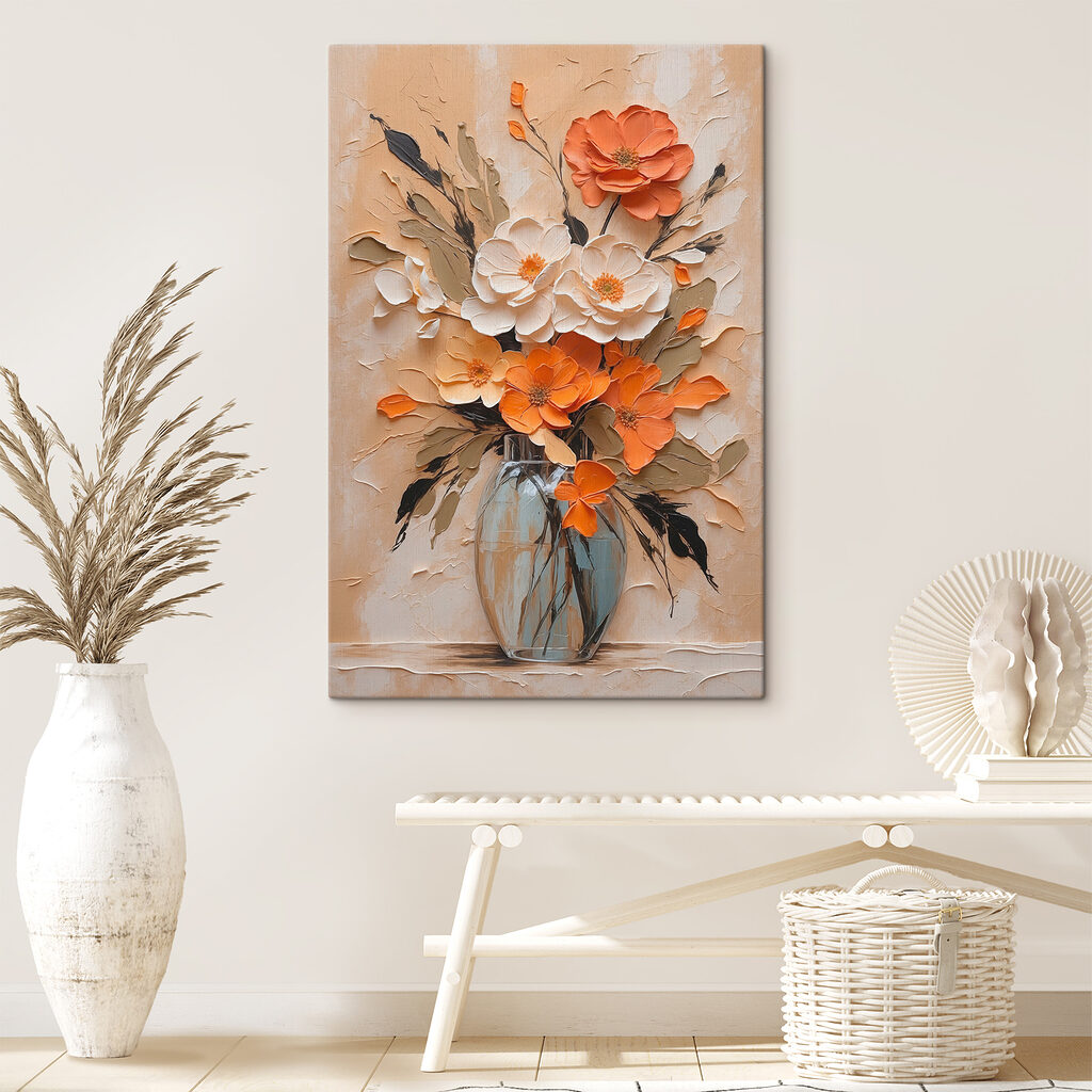 Perzikbloemen boven geribbeld glas — interieur 1