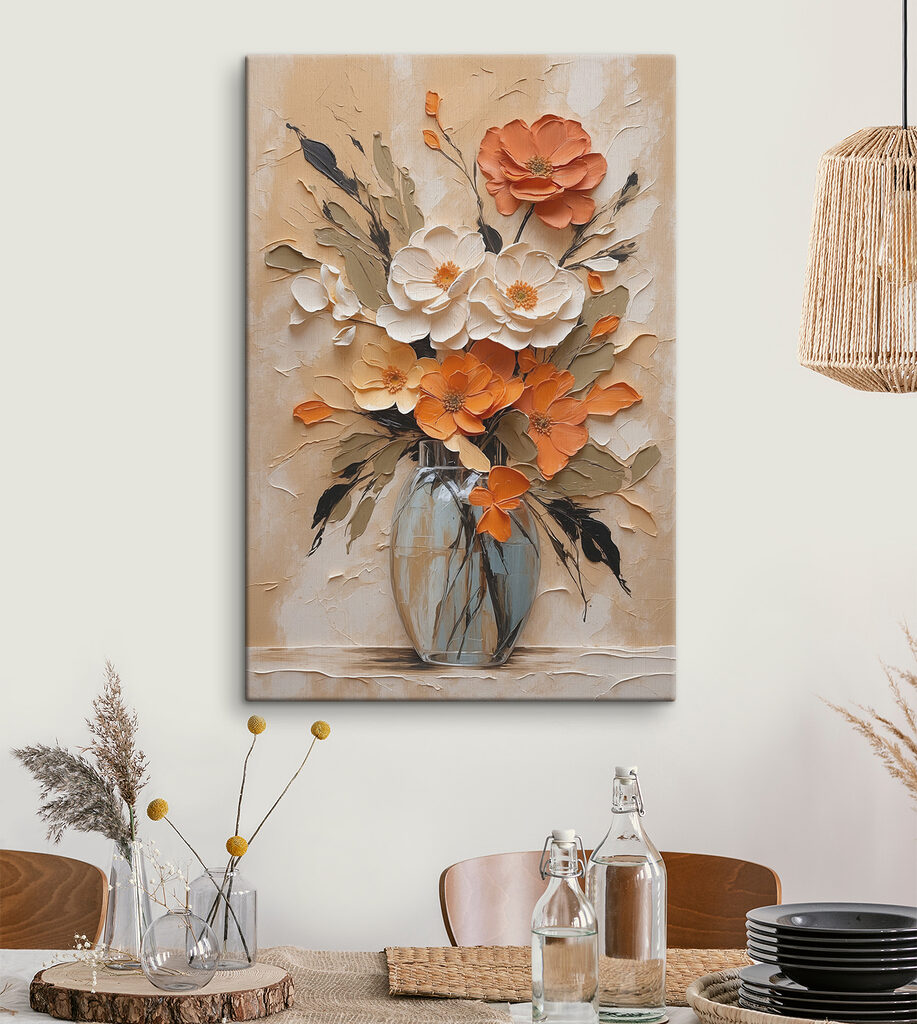 Perzikbloemen boven geribbeld glas — interieur 3