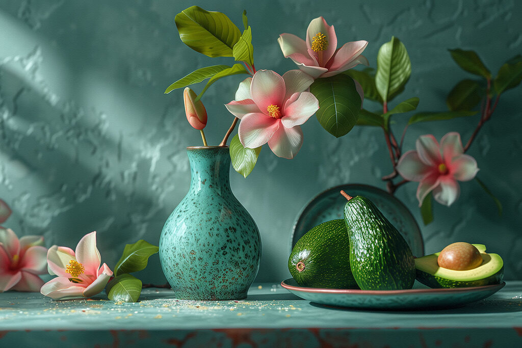 Avocado bij een bloementak — volledig ontwerp