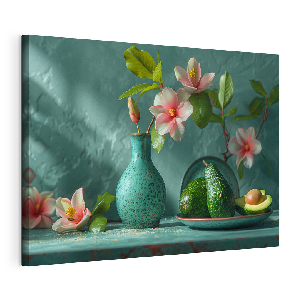 Avocado bij een bloementak, gespannen canvas met doorlopende rand
