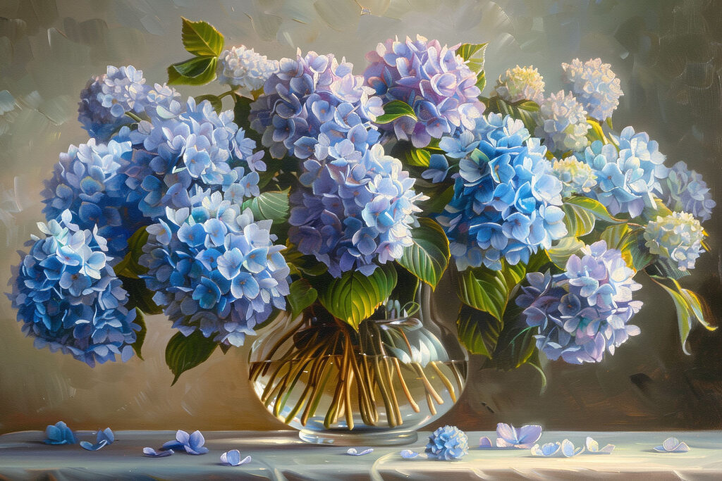 Blauwe hortensia’s in glas — volledig ontwerp