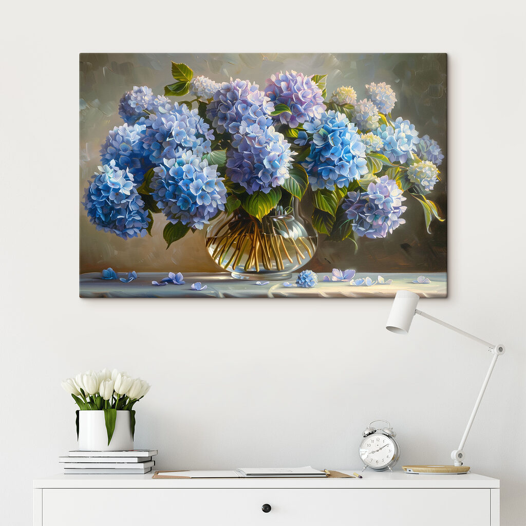 Blauwe hortensia’s in glas — interieur 1
