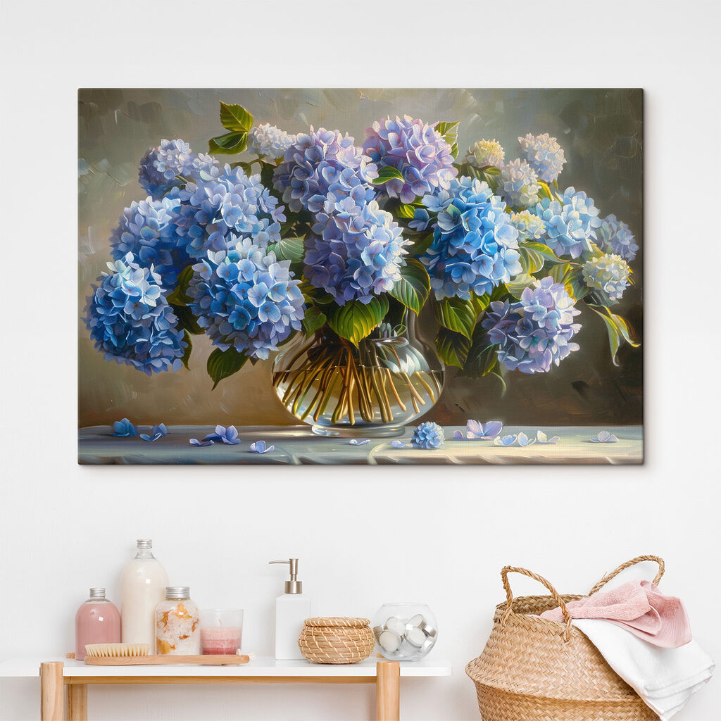 Blauwe hortensia’s in glas — interieur 2