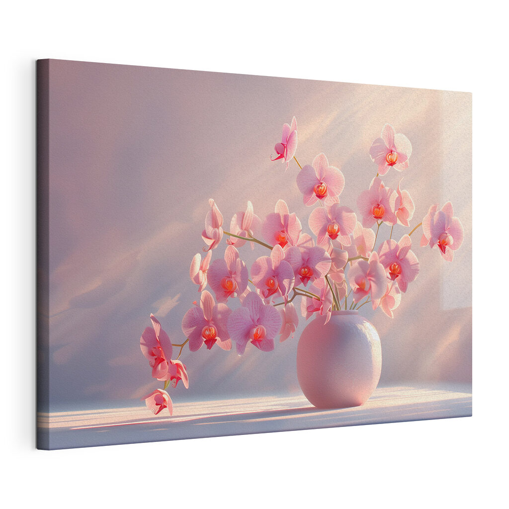 Orchideeën in een lichtstraal, gespannen canvas met doorlopende rand