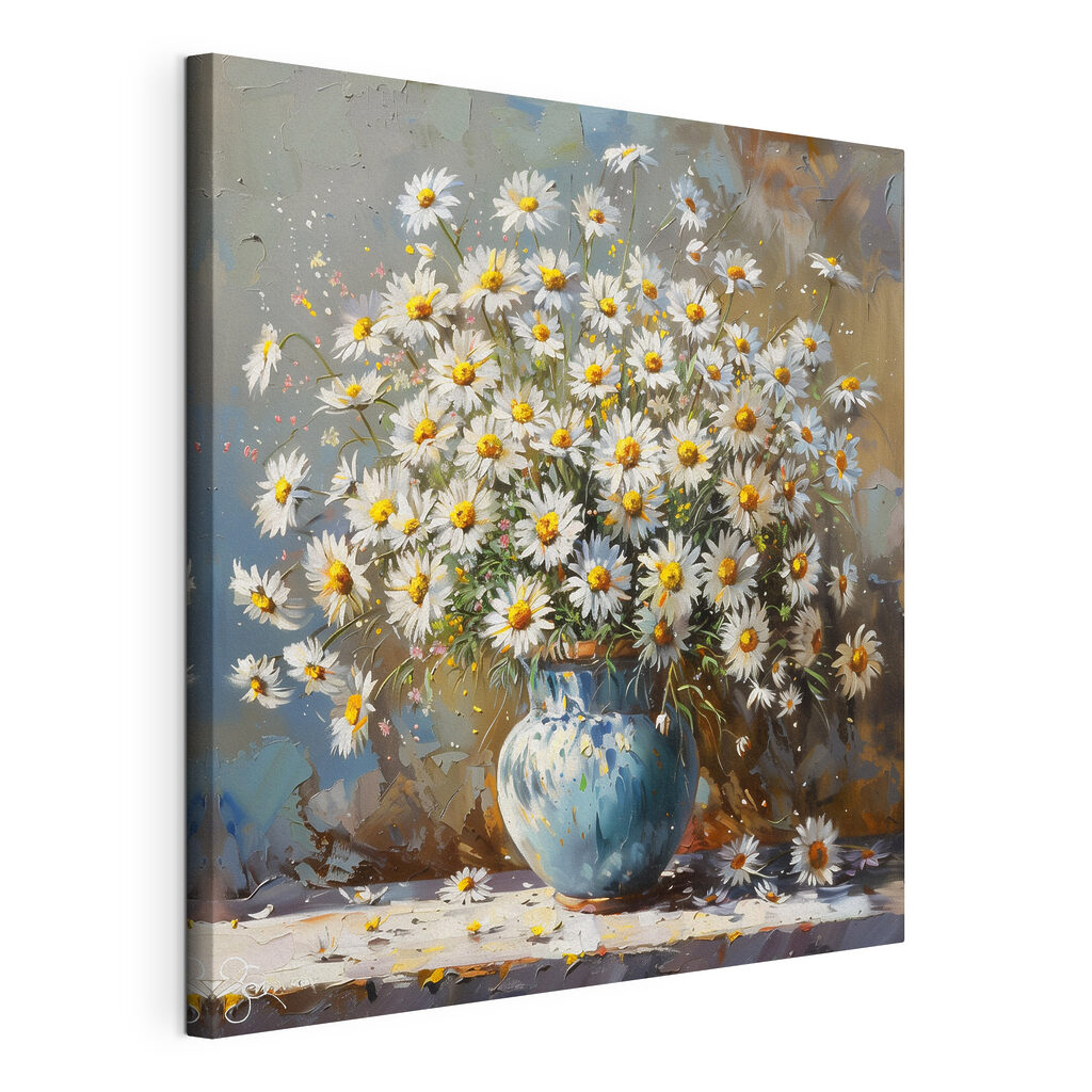 Een uitbundig bosje margrieten, gespannen canvas met doorlopende rand