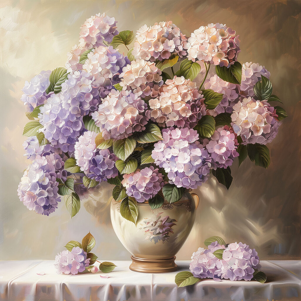 Lila hortensia’s in avondzon — volledig ontwerp