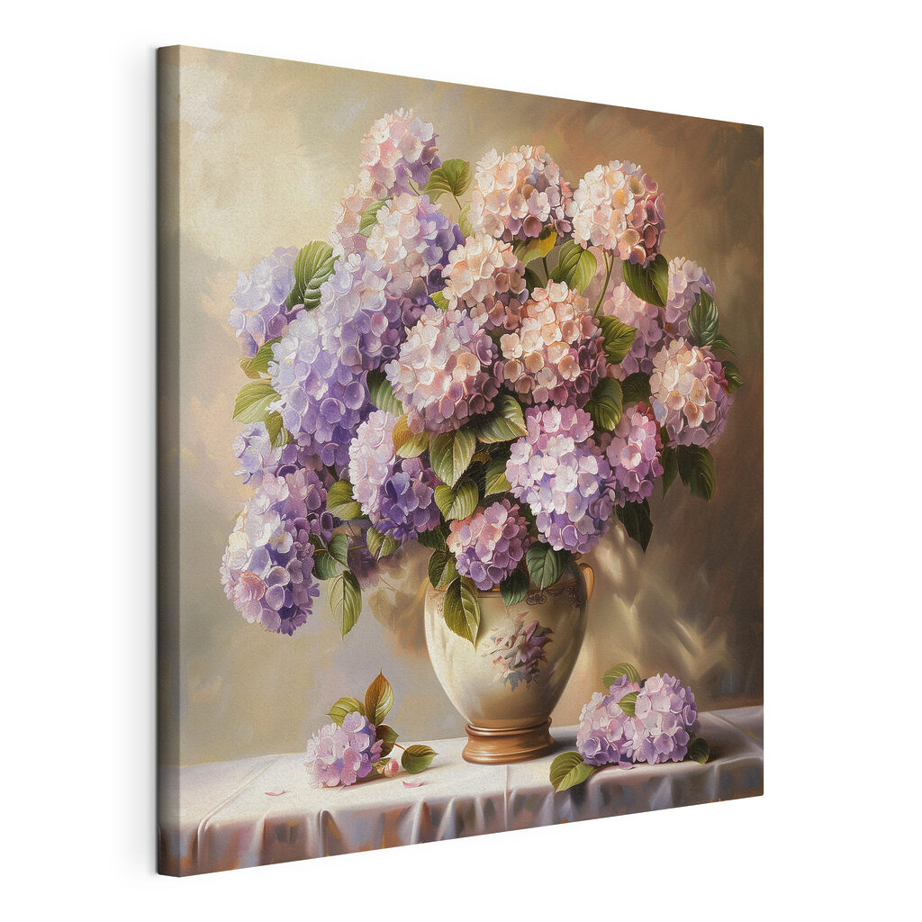 Lila hortensia’s in avondzon, gespannen canvas met doorlopende rand