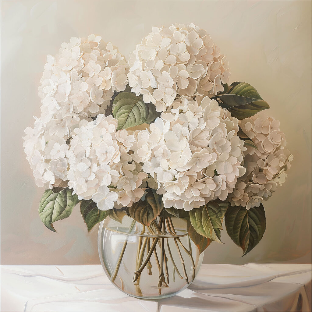 Witte hortensia’s in stilte — volledig ontwerp