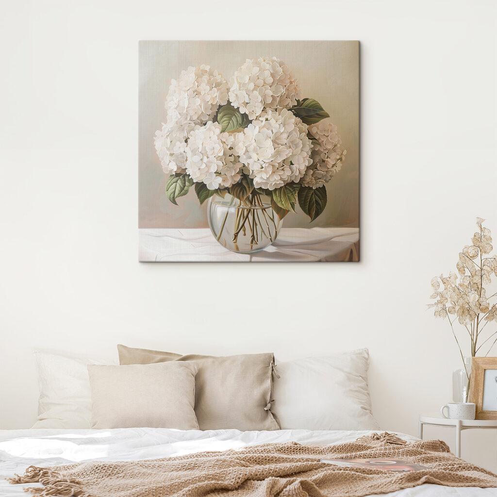 Witte hortensia’s in stilte — interieur 1