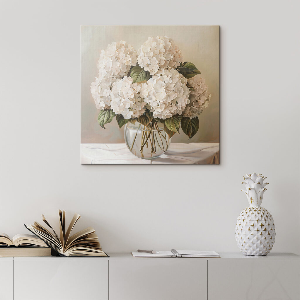 Witte hortensia’s in stilte — interieur 2