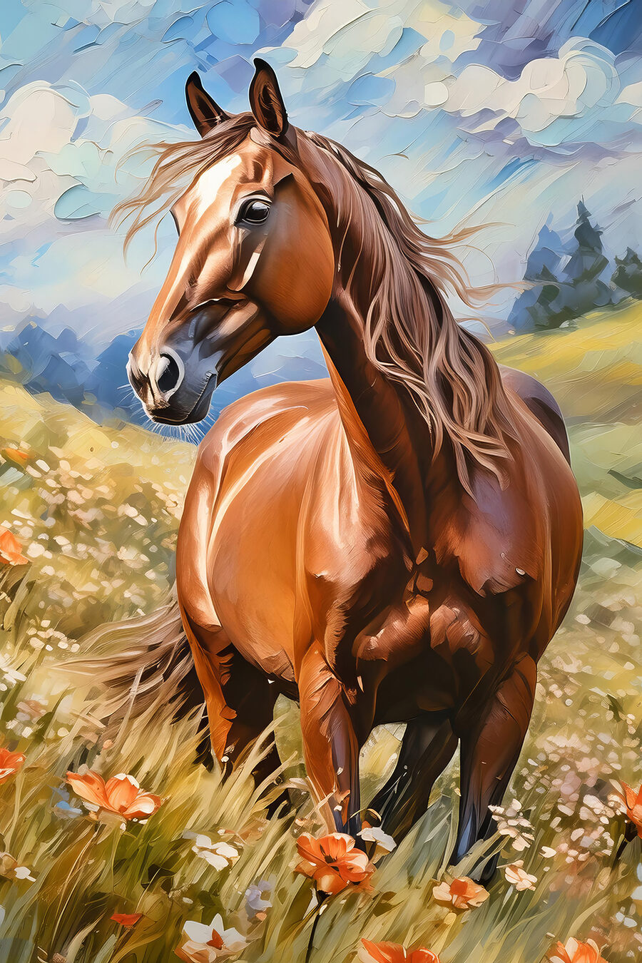 Paard tussen hoge bloemen — volledig ontwerp