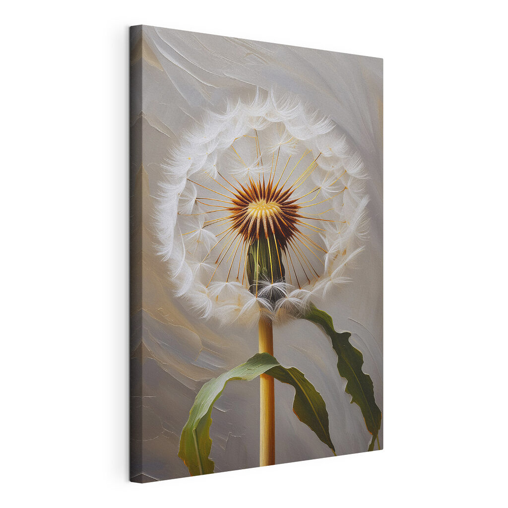 Paardenbloem in witte werveling, gespannen canvas met doorlopende rand