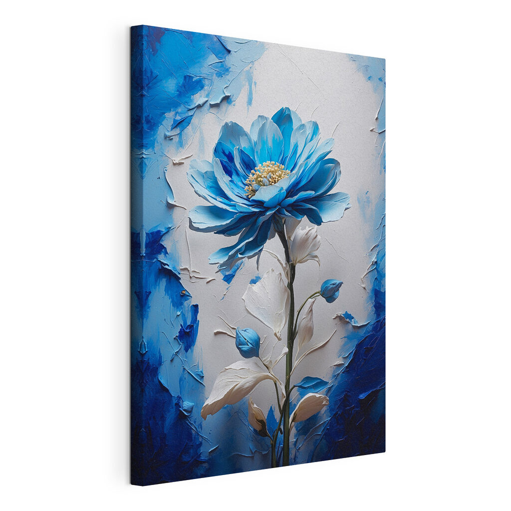 Blauwe bloem in penseelstreken, gespannen canvas met doorlopende rand