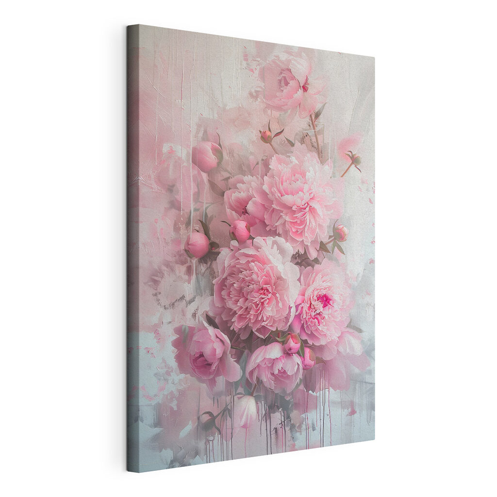 Pioenrozen in roze nevel, gespannen canvas met doorlopende rand
