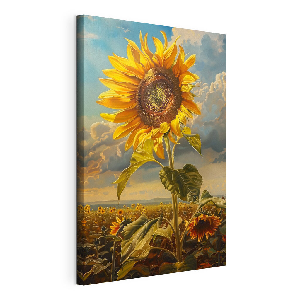 Zonnebloem boven het veld, gespannen canvas met doorlopende rand