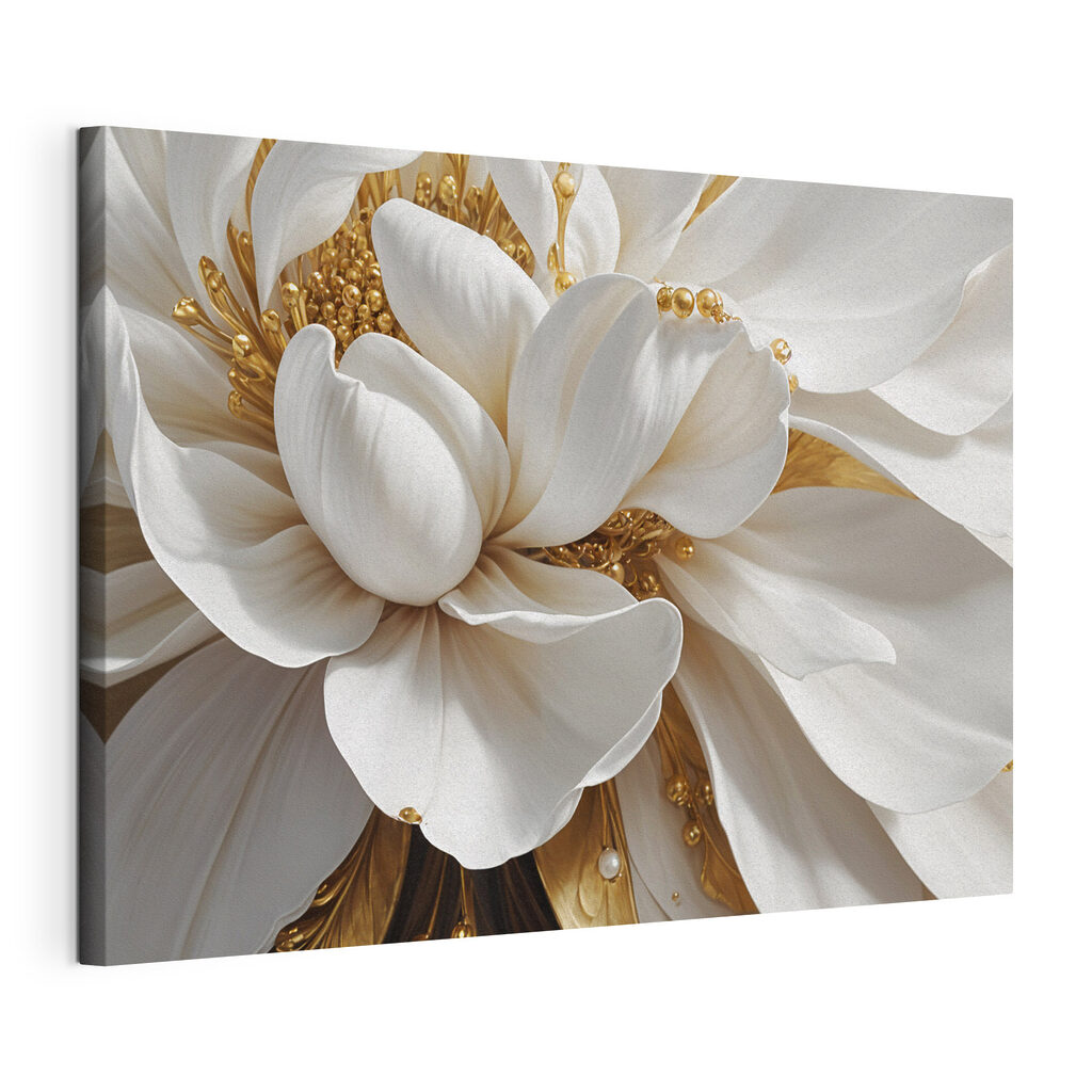 Elegante witte bloem met subtiele details, gespannen canvas met doorlopende rand