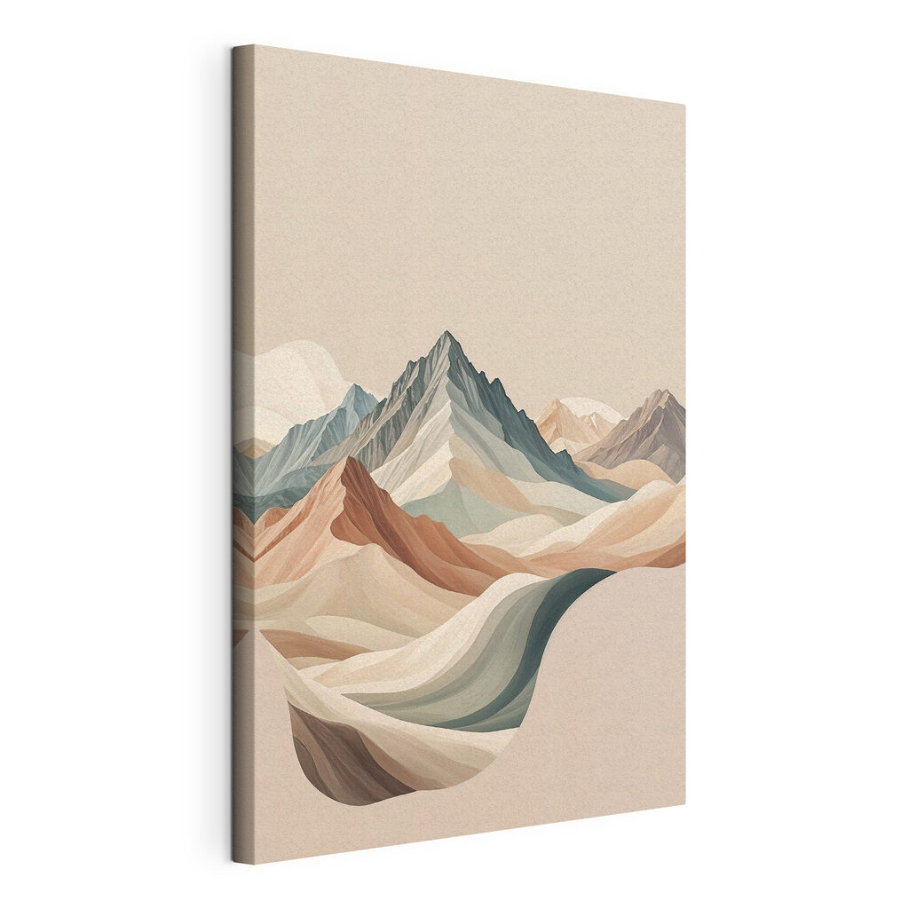 Een schilderij van bergen in verschillende kleuren, gespannen canvas met doorlopende rand