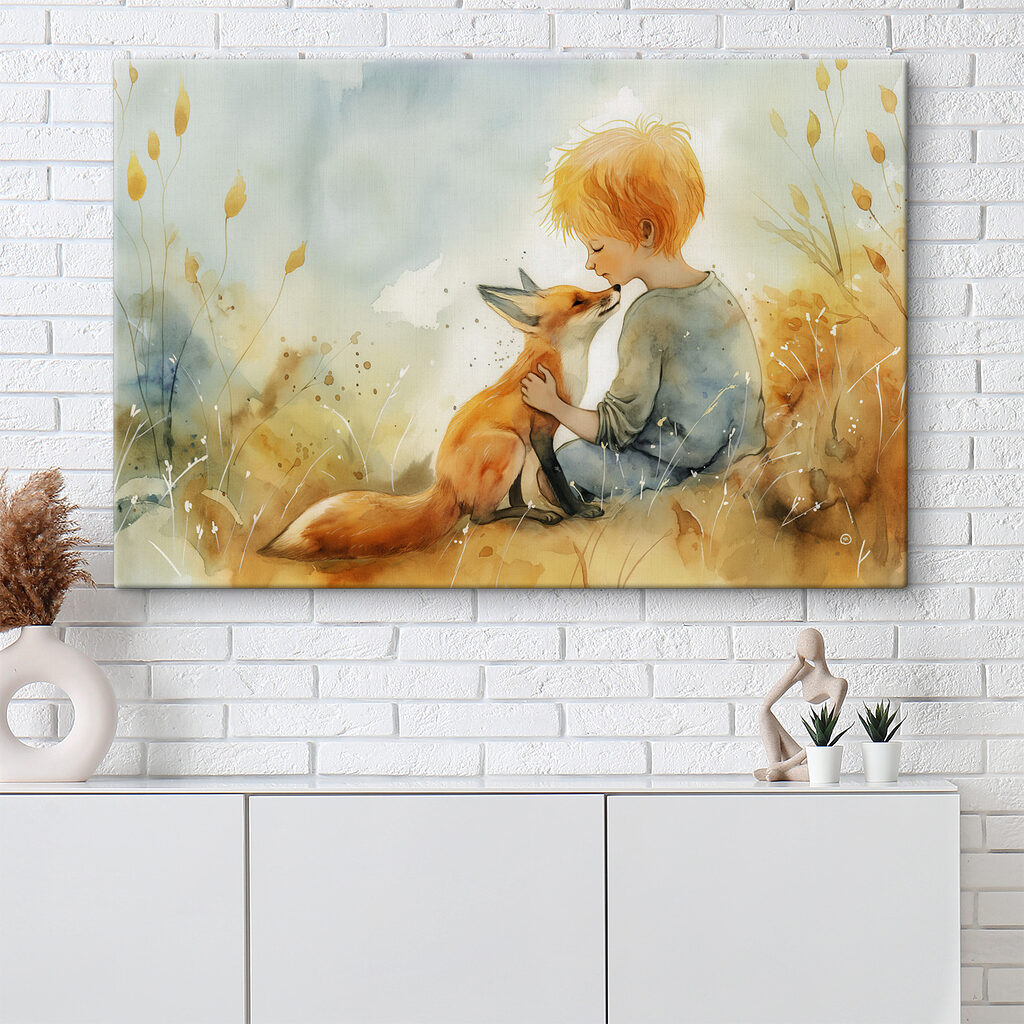 Een kind knuffelt een vos in een interieur