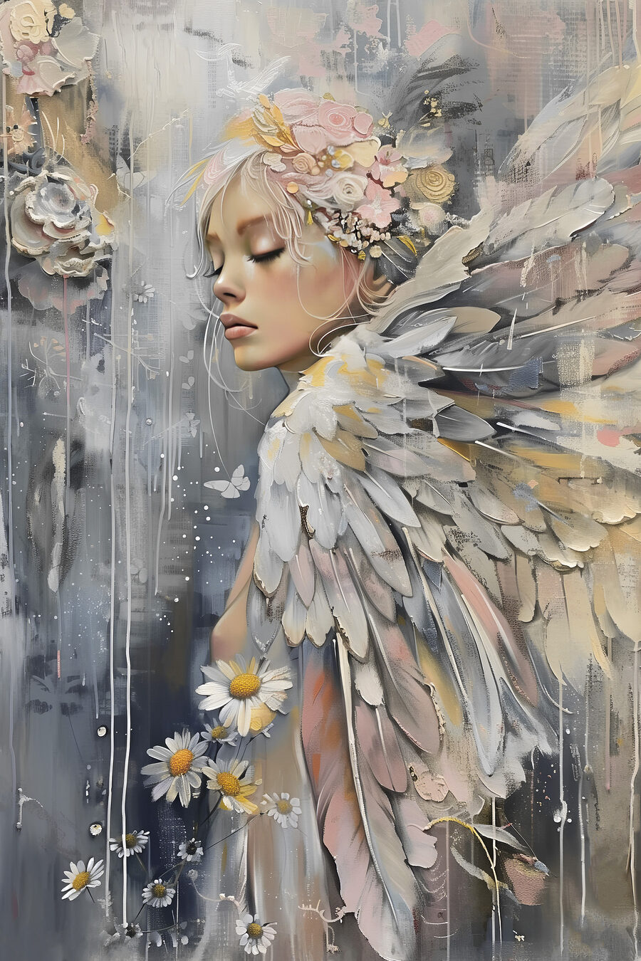 Een schilderij van een vrouw met vleugels en bloemen — volledig ontwerp