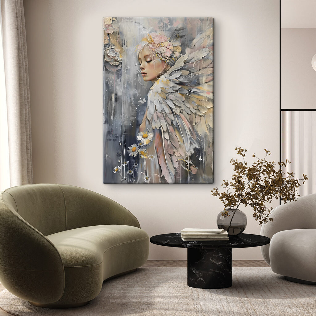 Een schilderij van een vrouw met vleugels en bloemen — interieur 2