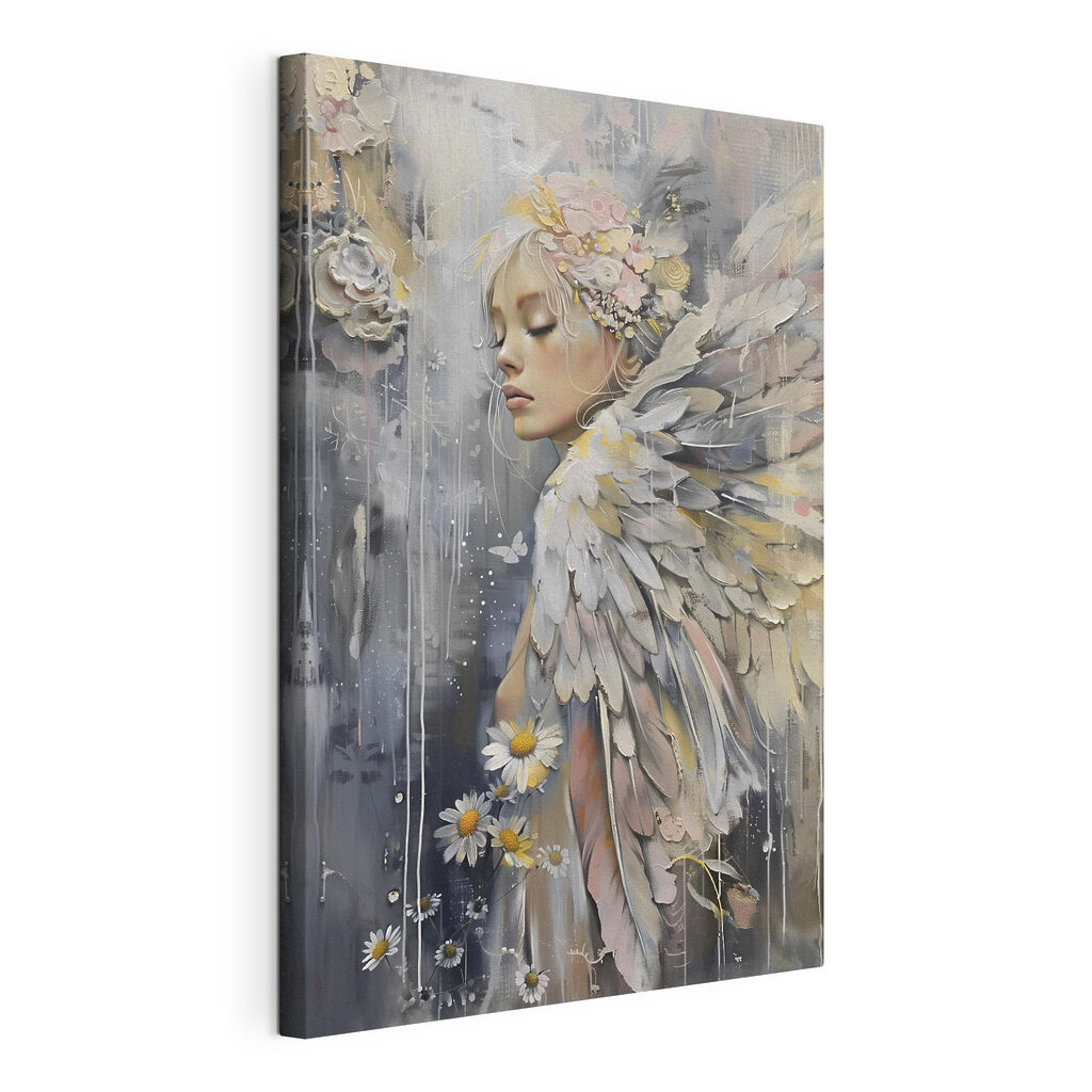 Een schilderij van een vrouw met vleugels en bloemen, gespannen canvas met doorlopende rand