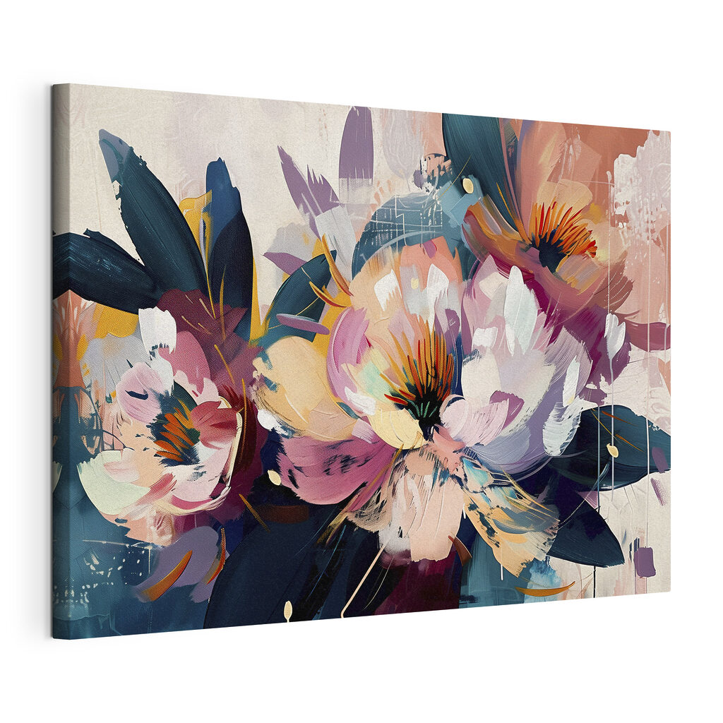 Bloemen in krachtige penseelstreken, gespannen canvas met doorlopende rand