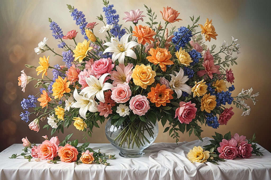 Een vaas met bloemen op een tafel — volledig ontwerp