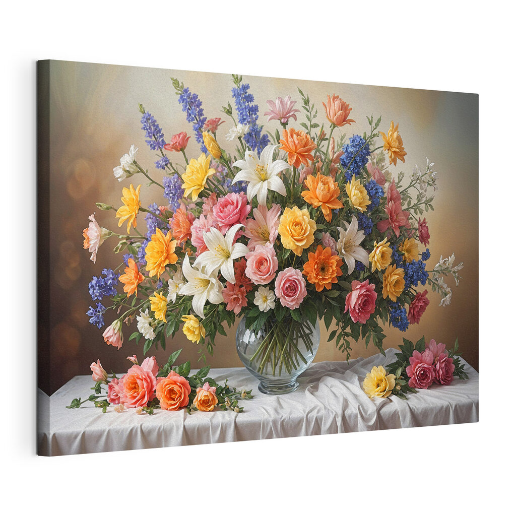 Een vaas met bloemen op een tafel, gespannen canvas met doorlopende rand