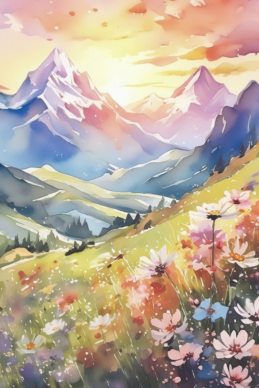 Bergweide onder roze pieken — volledig ontwerp