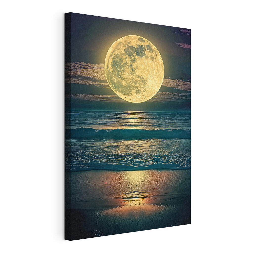 Een maan boven de oceaan, gespannen canvas met doorlopende rand