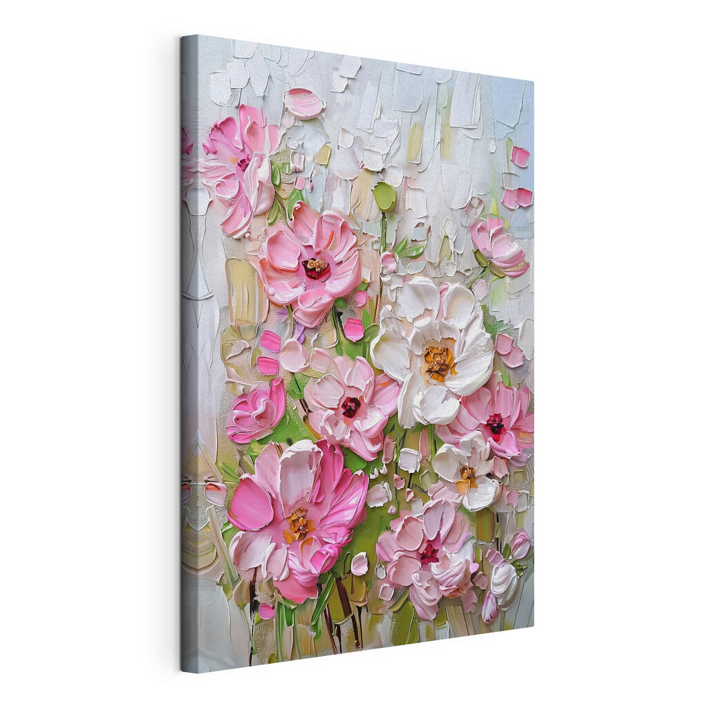 Roze bloei tussen wit, gespannen canvas met doorlopende rand