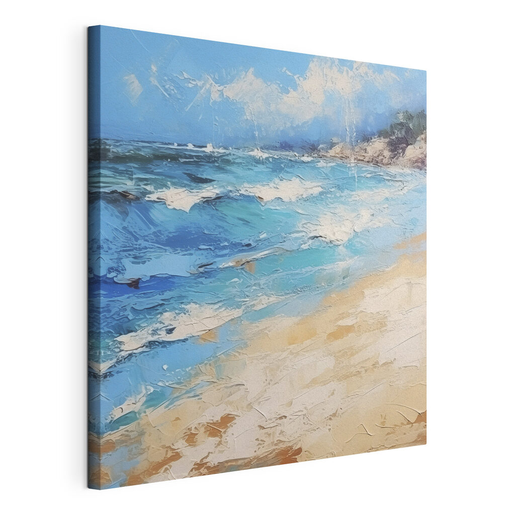 Een schilderij van een strand, gespannen canvas met doorlopende rand