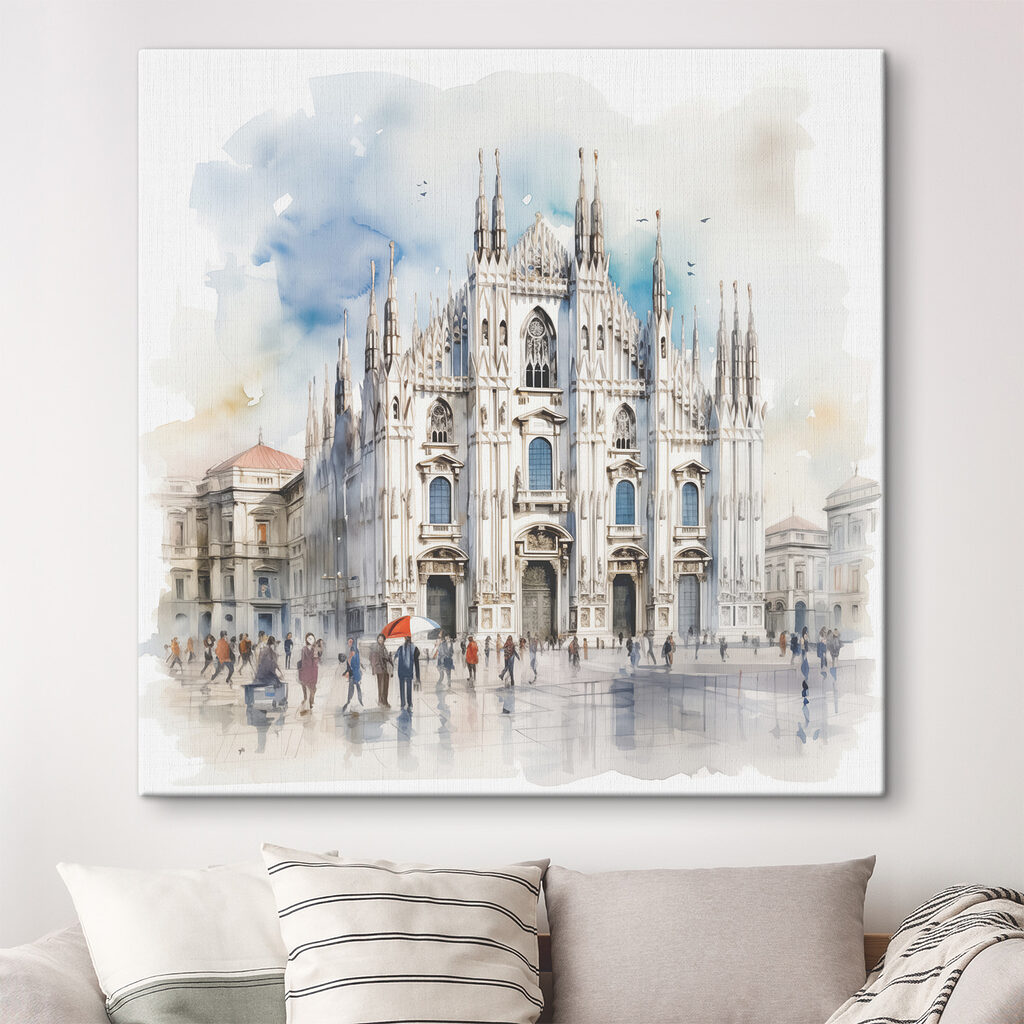 Een aquarel van een gebouw met rondlopende mensen in een interieur