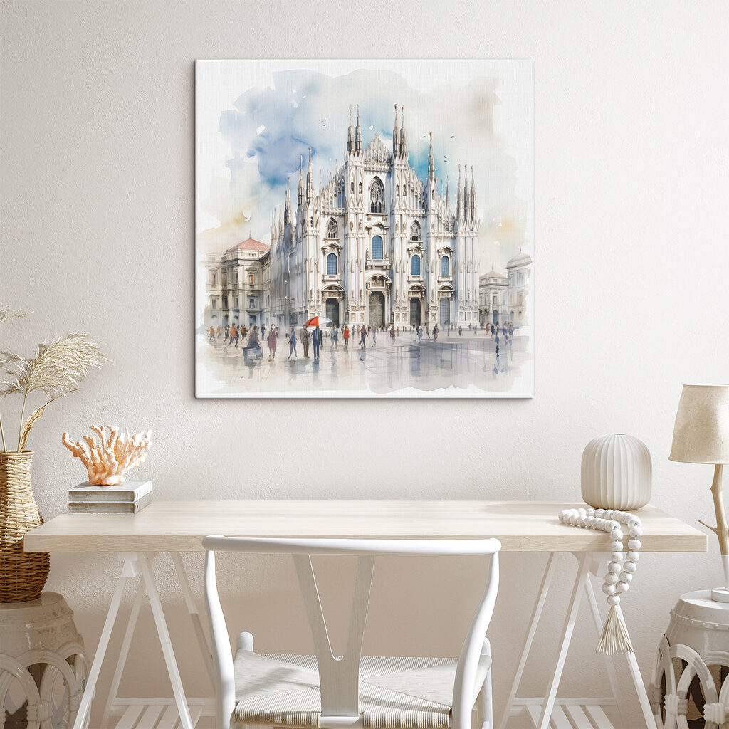 Een aquarel van een gebouw met rondlopende mensen — interieur 2