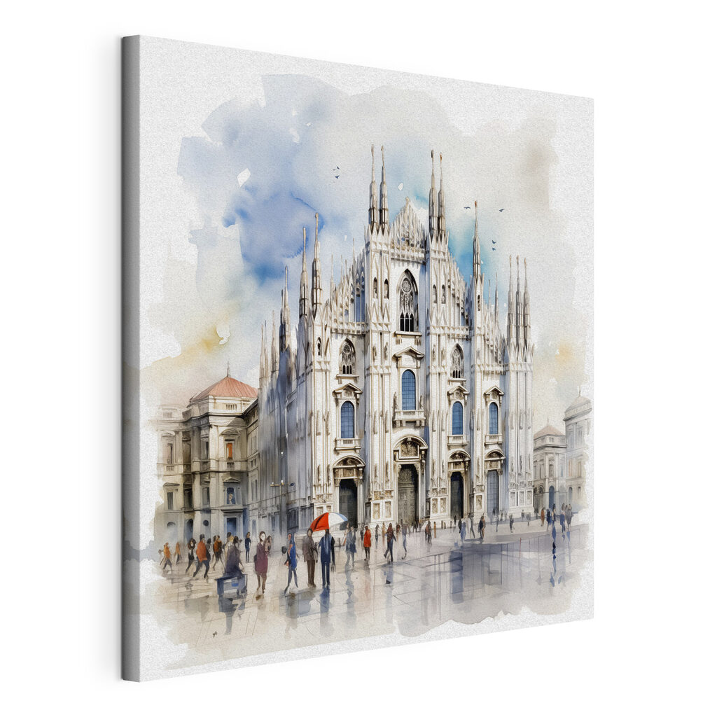 Een aquarel van een gebouw met rondlopende mensen — productweergave