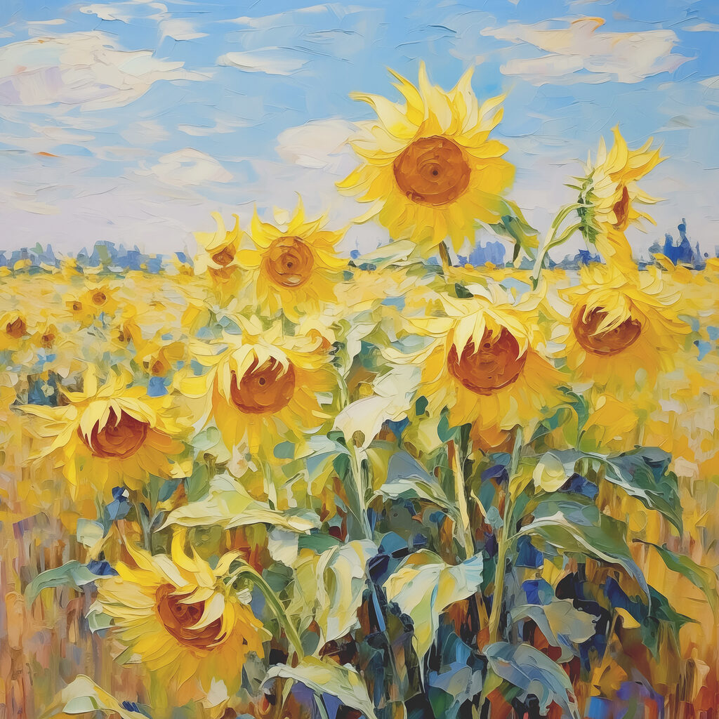 Zonnebloemen onder blauwe lucht — volledig ontwerp