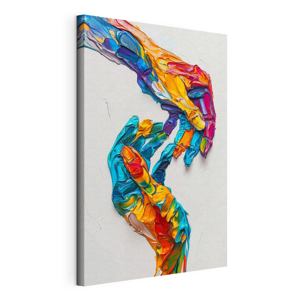Een hand geschilderd met verschillende kleuren, gespannen canvas met doorlopende rand