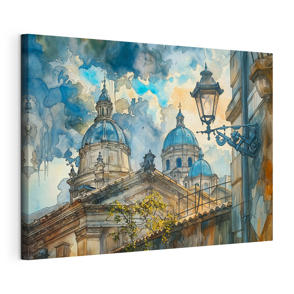 Koepels boven een straatlantaarn, gespannen canvas met doorlopende rand