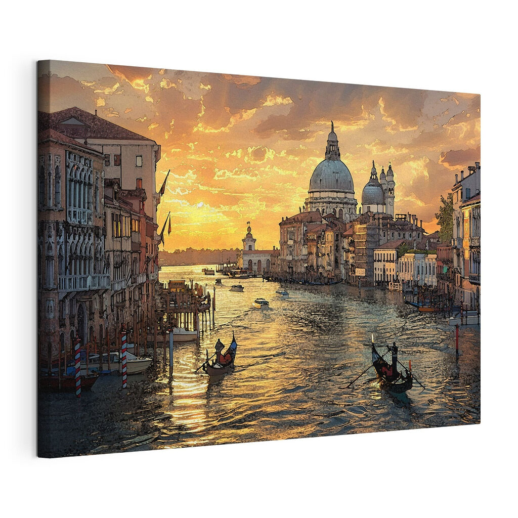 Een water met boten en gebouwen op de achtergrond, gespannen canvas met doorlopende rand