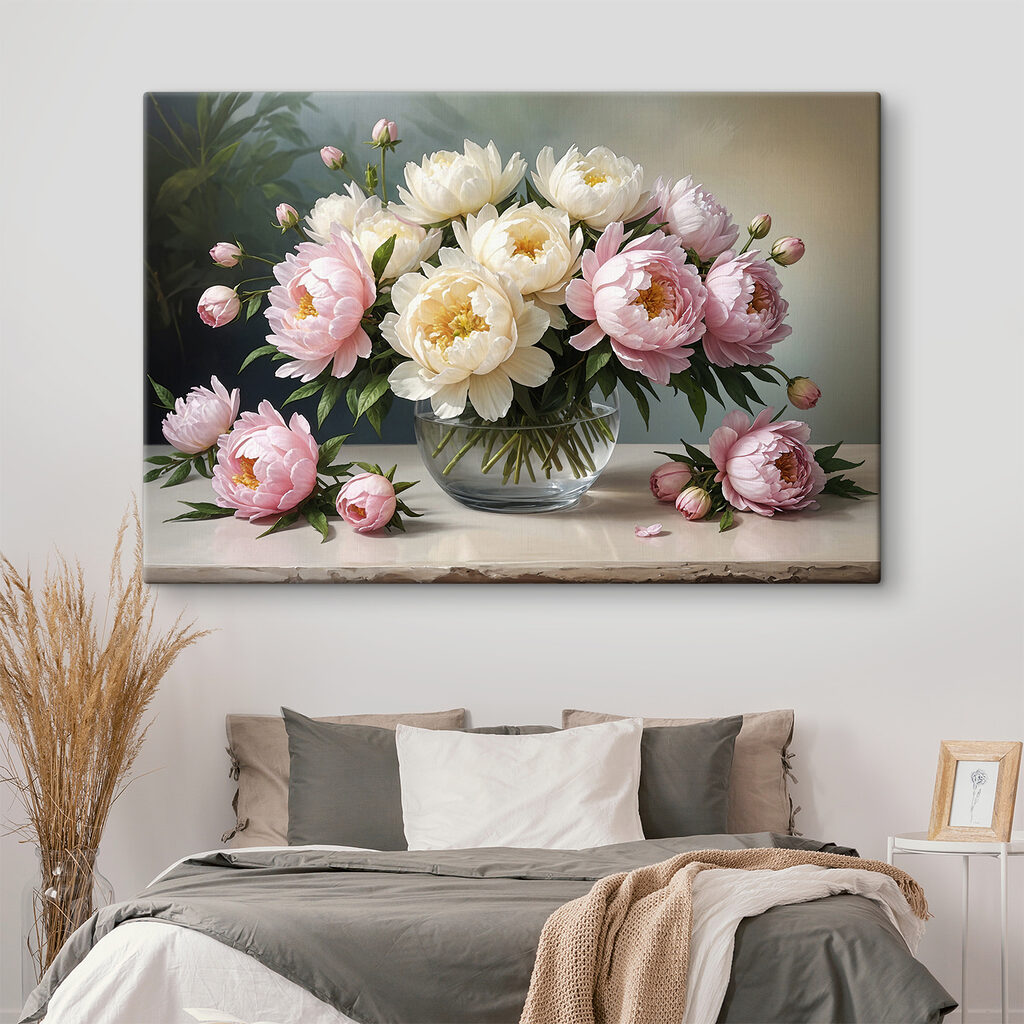 Pioenrozen in rond glas in een interieur