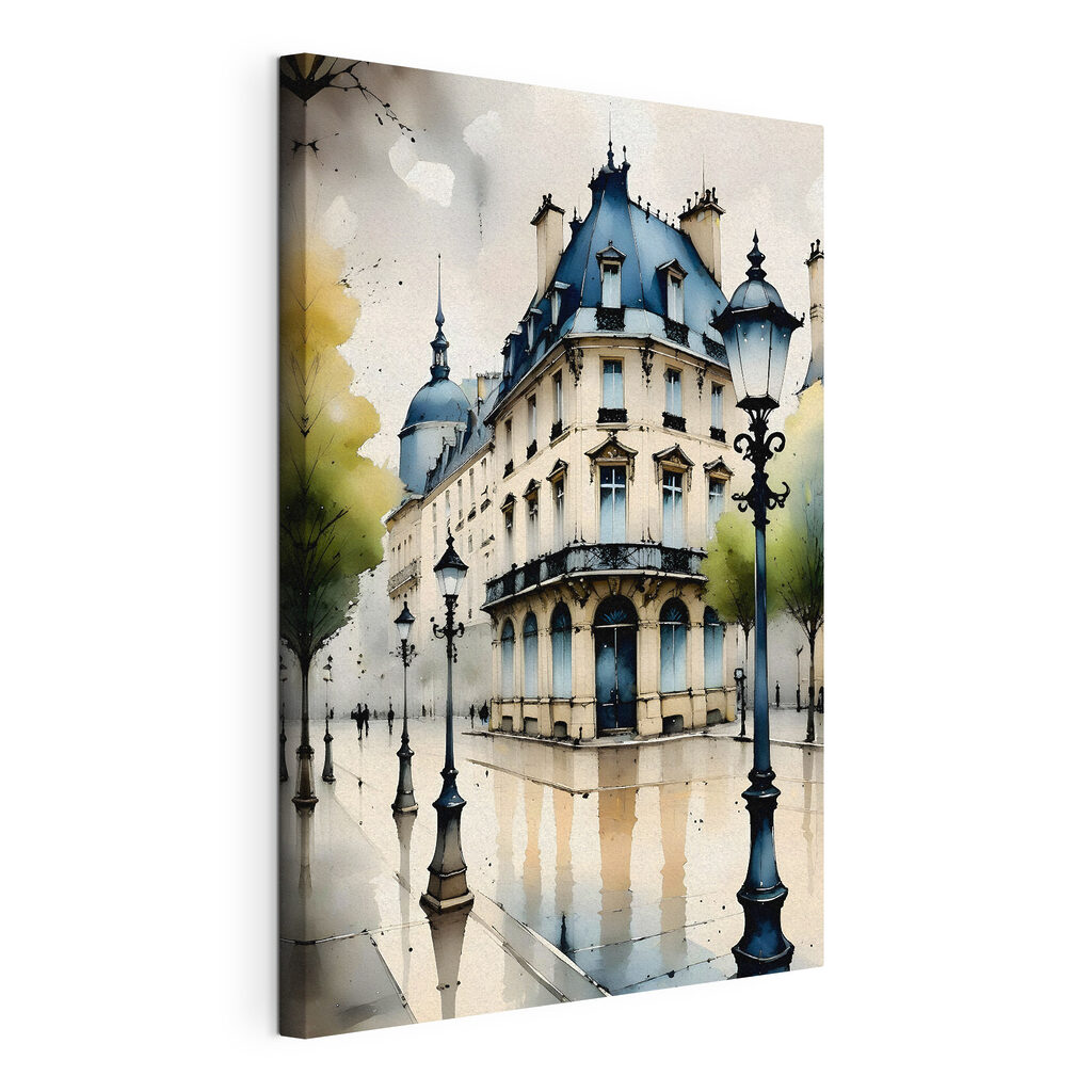 Lantaarns langs een hoekhuis, gespannen canvas met doorlopende rand