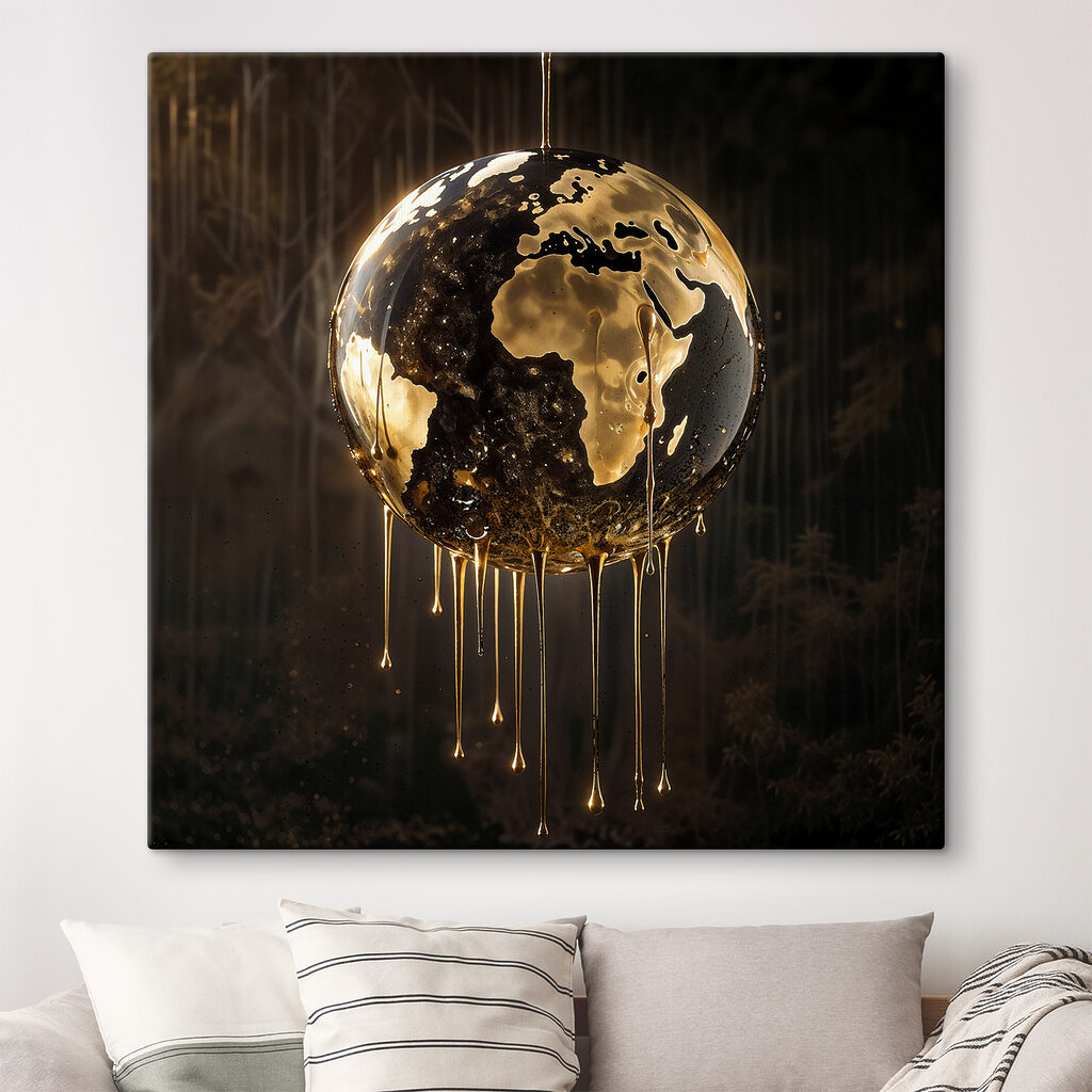 Een wereldbol druipt goud in een interieur