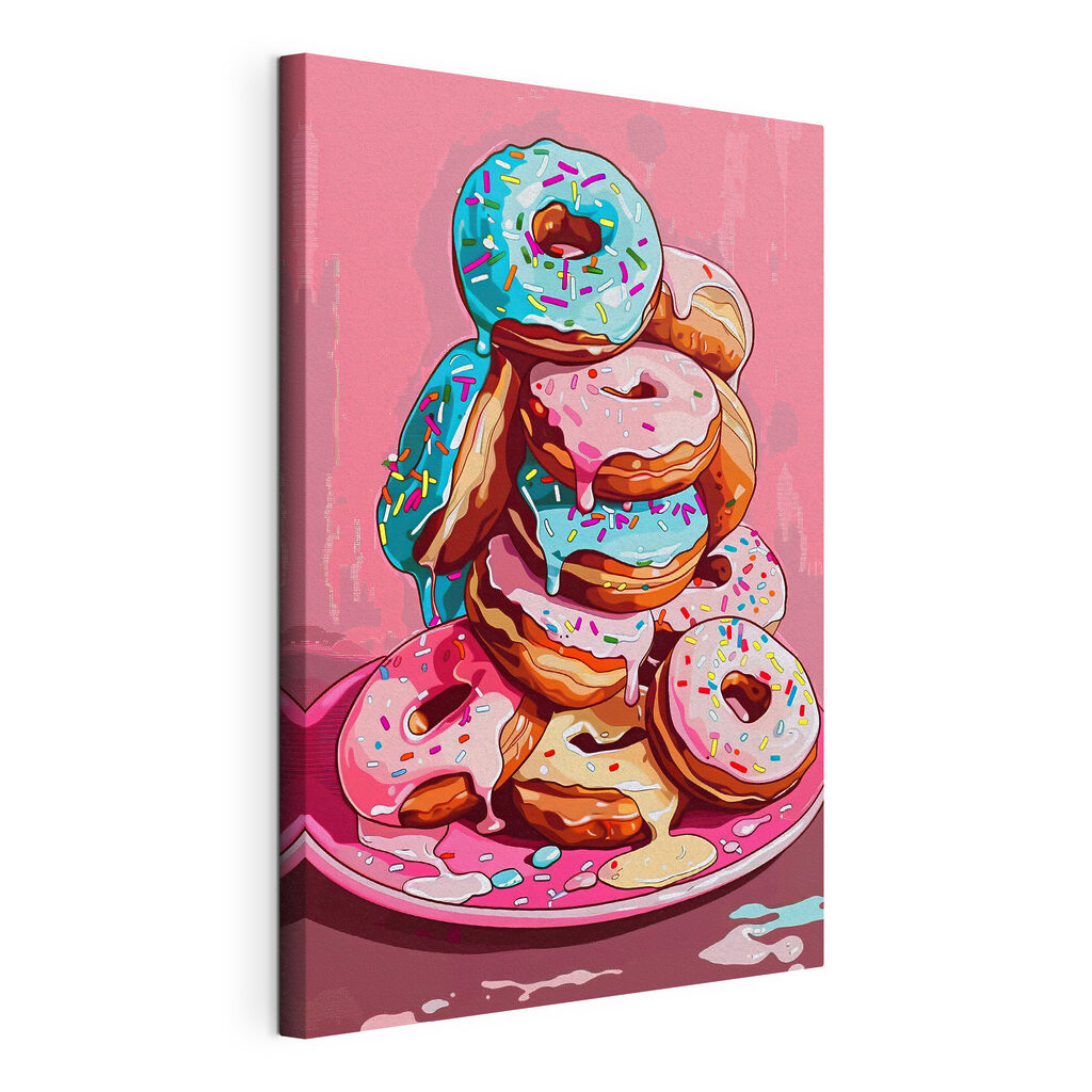 Donuts hoog opgestapeld, gespannen canvas met doorlopende rand