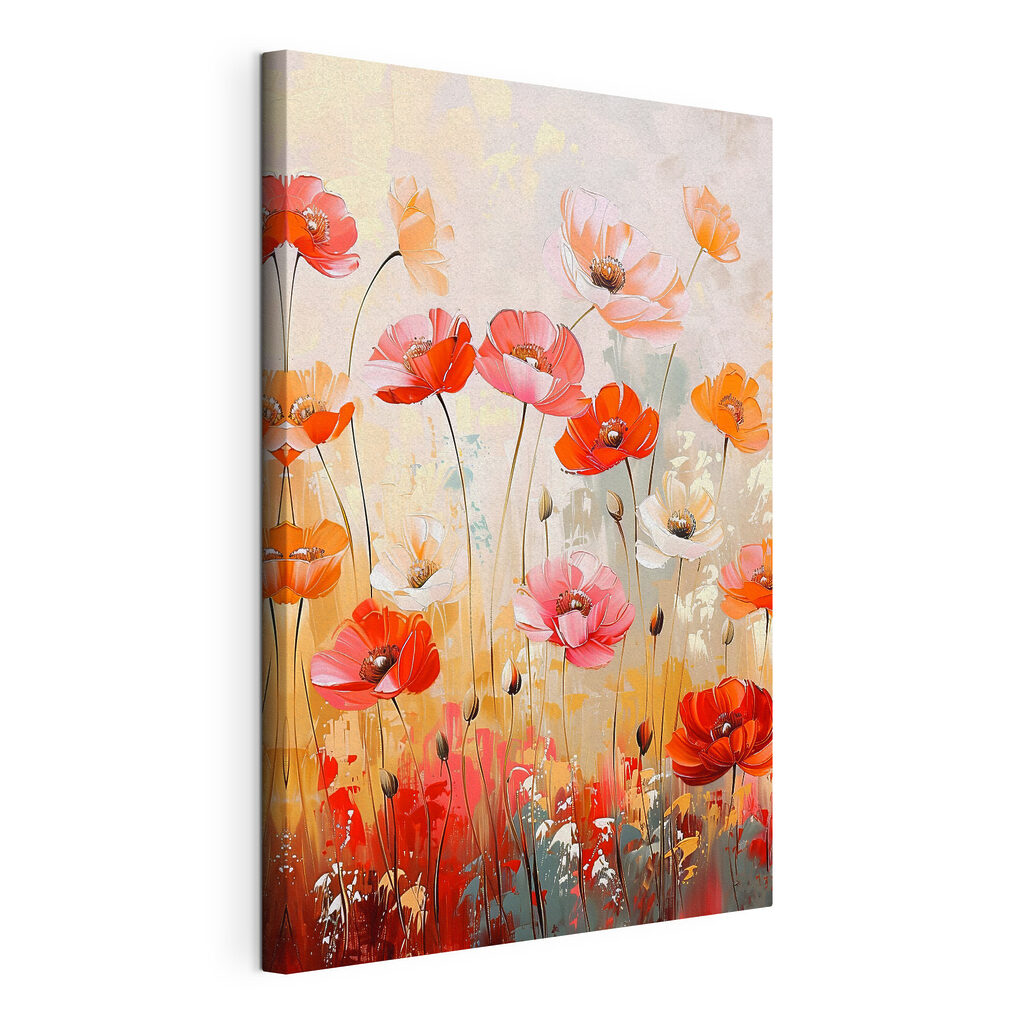 Levendige bloesems in een kleurrijk veld, gespannen canvas met doorlopende rand